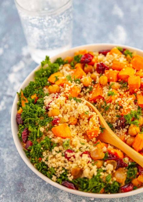 This sweet potato couscous salad is an easy vegan recipe. Couscous is combined with roasted sweet potatoes and chickpeas then tossed with miso lemon dressing. Fresh parsley, dried fruit and nuts add even more flavor. Couscous Sweet Potato Recipes, Sweet Potato Couscous Salad, Cuscus Recipes, Sweet Potato Couscous, Recipe Couscous, Mediterranean Sweet Potatoes, Pearl Couscous Recipes, Mediterranean Grilled Chicken, Couscous Recipes