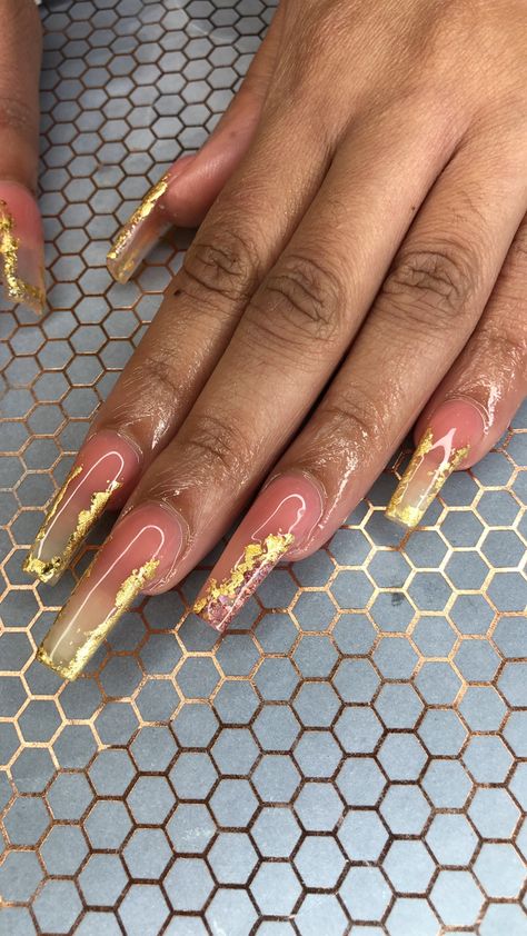 French Tip Nails With Gold Flakes, Nail Designs Gold Flakes, Gold Flakes Acrylic Nails, Gold Foil French Tip Nails, White Acrylic Nails With Gold Flakes, Good Flake Acrylic Nails, Clear Gold Flake Nails, Nails Gold Flakes, Square Acrylic Nails Gold Flakes