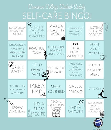 Camosun College Student Soc.’s Instagram profile post: “Have you had a chance to try our Self Care bingo? Thanks to @suvcc for creating this self care bingo - awesome idea!” Self Care Activities For High School Students, College Student Self Care, Self Care Bingo, Academic Coaching, Bingo Ideas, Challenges Ideas, Coping Methods, Adulting 101, Sleep Disorder