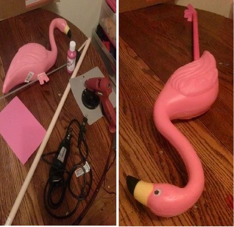 Queen of Hearts flamingo croquet mallet.  Got flamingo for $5 @ Lowes, dowel @ Hobby Lobby for $1.75. Painted dowel pink, cut hole in flamingo and hot glued in.  Hot glued foam feet and google eyes. Queen Of Hearts Flamingo Croquet, Queen Of Hearts Flamingo, Alice In Wonderland Flamingo Costume, Flamingo Croquet Mallet Diy, Queen Of Hearts Cosplay, Flamingo Croquet, Croquet Mallet, Halloween Alice In Wonderland, Alice In Wonderland Tea Party Birthday