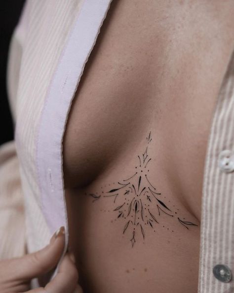 Ornament Tattoo Sternum, Ornamental Sternum Tattoo Design, Sternum Tattoo Dainty, Tiny Sternum Tattoo Women, Fine Line Sternum Tattoo Women, Sternum Tattoo Ornamental, Delicate Sternum Tattoo Women, Tattoo Between Breast Women, Ornamental Underboob Tattoo