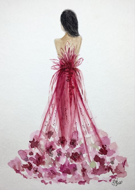 Flower Dress Painting, Flower Dress Art Drawings, Floral Fashion Illustration, Watercolour Dress, Watercolor Dress Painting, Watercolour Fashion Illustration, Fashion Watercolor, Ink Fashion Illustration, Flower Dress Art