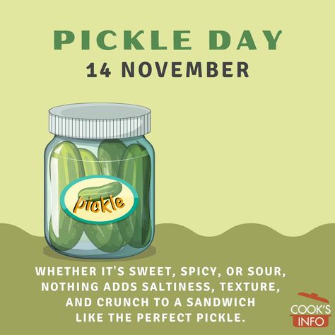 The 14th of November is Pickle Day. It celebrates the simple but timeless wonder of pickles! They exist in some form in just about every cuisine in the world. #PickleDay #NationalPickleDay National Pickle Day, Pickle Day, Deep Fried Pickles, Pickle Soup, Watermelon Pickles, Pickled Green Beans, Pickled Cauliflower, Farmers Day, Pickling Salt