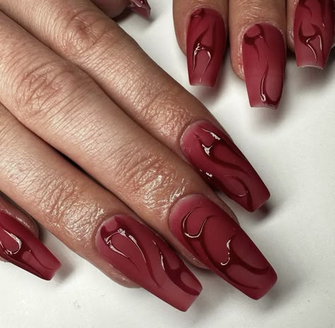 Red Swirl Nails, Red Design Nails, Nails Inspiration Red, Black French Tip Nail, Long Red Nails, Black French Tip, French Tip Nail Art, Dragon Nails, Abstract Nails