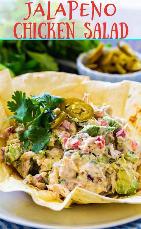 Jalapeno Chicken Salad- a creamy southwestern-style chicken salad with avocado. Spicy Chicken Salad Recipe, Chicken Salad Chick Recipe, Chicken Salad With Avocado, Chicken Salad Chick, Mexican Chicken Salads, Spicy Southern Kitchen, Pickled Jalapenos, Chicken Salad Sandwich Recipe, What Is Healthy Food