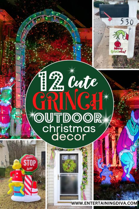 Looking for some fun Christmas decorations for your front yard? Look no further than these awesome Grinch outdoor Christmas decor ideas. From Grinch wreaths to garlands to the Grinch stealing Christmas lights, there's tons of inspiration for a beautiful Grinch yard display. Whoville Christmas Outdoor Decorations, Whoville Outside Christmas Decorations, Grinch Garage Door Decorations, Grinch House Decoration Outdoor Christmas, Outdoor Grinch Decorations Front Porches, Grinch Front Yard Decor, Outside Grinch Decorations, Grinch Themed Christmas Decoration Outdoors, Grinchmas Outdoor Decor