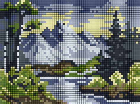 Alpha pattern #170595 | BraceletBook Crochet Tapestry Landscape, Mountains Alpha Pattern, Volcano Pixel Art, Crochet Landscape Patterns, Embroidery Grid Patterns, Perler Bead Landscape, Landscape Alpha Pattern, Cross Stitch Landscape Patterns, Art Alpha Pattern