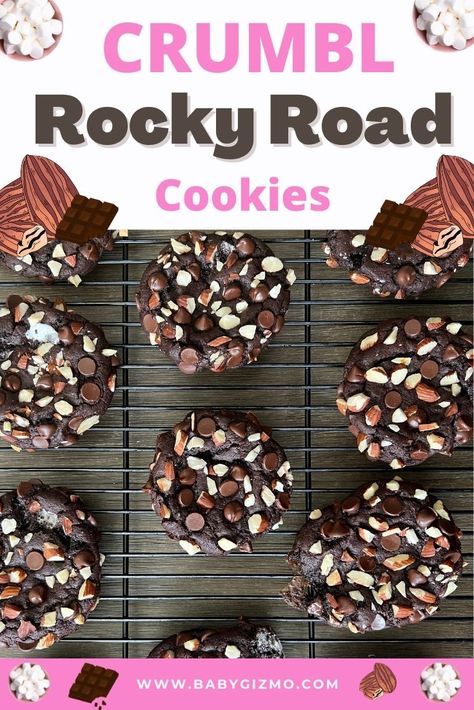 Crumbl Rocky Road Cookies Copycat Recipe | Baby Gizmo Rocky Road Cookies, Crumble Cookie Recipe, Rocky Road Recipe, Crumble Cookie, Peanut Butter Oreo, Peanut Butter Cup Cookies, Dirt Cake, Giant Cookie, Big Cookie