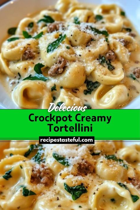 A comforting and easy dish featuring cheese tortellini simmered in a rich and creamy sauce with Italian sausage and fresh spinach, perfect for busy weeknights. Crockpot Creamy Tortellini, Tortellini Sauce Recipes, Tortellini Recipes Crockpot, Crock Pot Tortellini, Cheese Tortellini Recipes, Tortellini Recipe, Creamy Tortellini, Crockpot Pasta, Spinach Tortellini