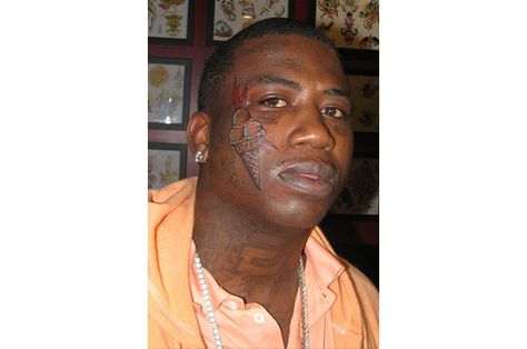 Gucci Mane is covered with tattoos -- most noticeably an ice cream cone on his cheek. Gucci Mane Tattoo, Gucci Mane, An Ice Cream, Ice Cream Cone, Ice Cream, Gucci, Tattoos, Cream, Celebrities