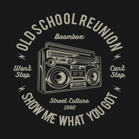 Boombox Design, Old School Logo, Vintage Logos, Reunion Shirts, Shirt Logo Design, Mens Tshirts Fashion, Restaurant Logo, School Reunion, T Shirt Design Vector