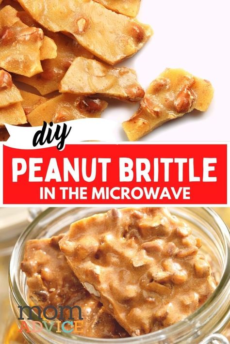 Easy Microwave Peanut Brittle Recipe (The BEST Gift Idea) - MomAdvice Microwave Peanut Brittle Recipe, Quick Holiday Treats, Pistachio Brittle, Homemade Peanut Brittle, Microwave Peanut Brittle, Easy Microwave Recipes, Peanut Brittle Recipe, Almond Brittle, Peppermint Marshmallows