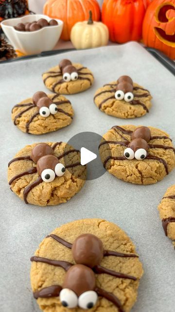 sunny yue on Instagram: "Spooky Spider Cookies🥜🕸🍪👻
 
These peanut butter spider cookies are spookilicious🤤 They taste like reese’s but even better! You will definitely catch me making these every year for halloween👻
 
recipe: 
1/3 cup softened butter
1/3 cup brown sugar
1/3 cup white sugar
1/2 cup peanut butter
1 egg
1/2 tsp vanilla extract
1 cup flour
1/2 tsp baking soda

toppings: 
malteaser (any round chocolate works)
melted chocolate
candy eyeballs 👀 

directions:
1. preheat oven to 350F
2. mix together the butter, sugars, peanut butter, egg and vanilla extract 
3. mix in the flour and baking soda
4. form into cookies and bake for 10-12 minutes
5. let it cool
6. then add 2 pieces of circular chocolate onto the cookies 
7. melt chocolate and then carefully draw on legs onto the c Peanut Butter Spider Cookies, Peanut Butter Egg, Spider Cookies, Candy Eyeballs, Spooky Spiders, Halloween Recipe, Melted Chocolate, Halloween Recipes, 1 Egg