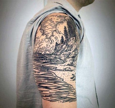 Natur Tattoo Arm, Lines Tattoo, Etching Tattoo, Woodcut Tattoo, Nature Tattoo Sleeve, Landscape Tattoo, Irezumi Tattoos, Japanese Tattoos, Geniale Tattoos