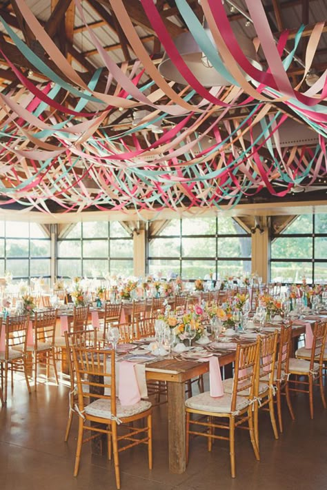 wedding reception with streamers - photo by Maria Mack Photography http://ruffledblog.com/romantic-wedding-at-john-james-audubon Wedding Ceiling Decorations, 3d Murals, Wedding Ceiling, Wedding Hall Decorations, Beach Wedding Reception, Simple Wedding Decorations, Cheap Wedding Venues, Winter Wedding Decorations, Gold Wedding Decorations