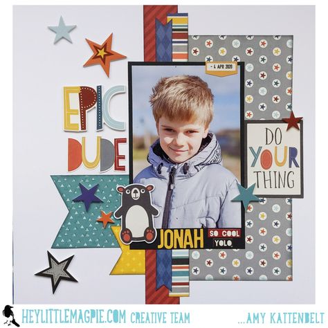 8x8 Scrapbook Layouts, Scrap Paper Crafts, School Scrapbook Layouts, Boy Scrapbook Layouts, Scrapbook Design Layout, Banner Shapes, Scrapbooking Kids, Scrapbook Boys, Cool Dude