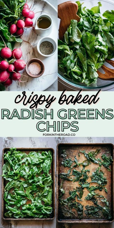 Crispy Baked Radish Greens, a delicious crunchy baked leafy greens snack that can be made in only 10 minutes. Don't let those radish leaves go to waste, turn them into crispy baked chips instead! Craving something crunchy? We've got the perfect snack for you: roasted radish greens! Like kale chips, radish leaves turn into a tasty, crispy snack when baked. You can enjoy them on their own or add to a salad for extra crunch. A great way to reduce food waste! Radish Greens Recipes, Radish Leaves Recipe, Radish Pods, Scrap Recipes, Food Waste Recipes, Roasted Radish, Radish Leaves, Radish Chips, Radish Greens