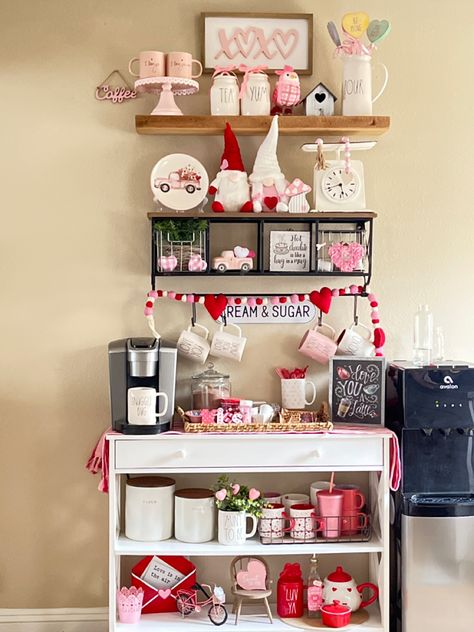 Valentine’s Day Coffee Bar Decor, Coffee Bar Ideas Valentines Day, Valentine's Coffee Bar, Valentine's Day Coffee Bar, Valentines Buffet Decor, Valentines Coffee Bar Decor, Valentines Day Coffee Bar Decor, Valentine Coffee Bar Ideas, Drink Bar Ideas Home