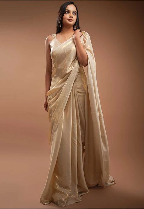 Solid Color Satin Saree in Beige Golden Georgette Saree, Golden Color Saree, Champagne Saree, Farewell Saree, Farewell Sarees, Golden Saree, Georgette Material, Draped Saree, Latest Indian Saree