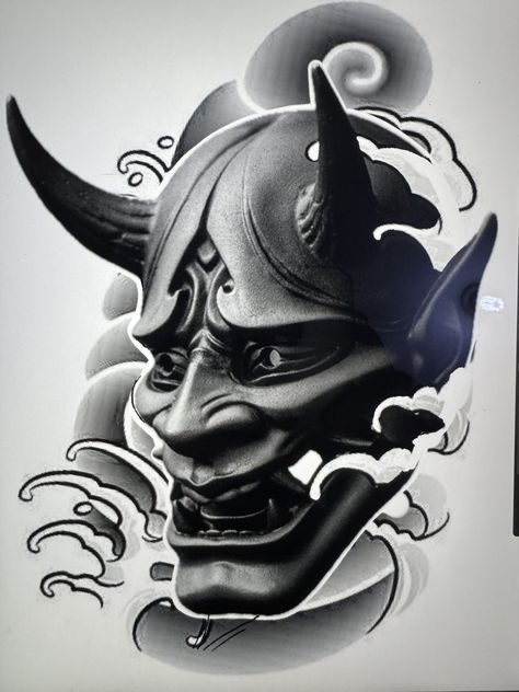 Black Hanya Mask Tattoo, Oni Mask Neck Tattoo, Kabuki Tattoo, Hanya Mask Tattoo Design, Hannya Mask Tattoo Design, Satanic Tattoo Design, Mascara Hannya, Hanya Mask Tattoo, Tato Realis