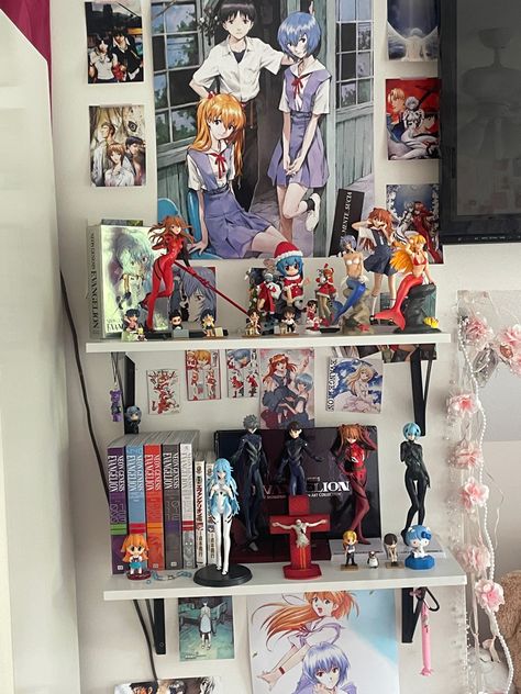 Shelf Collection Display, Neon Genesis Evangelion Room Decor, Evangelion Room Decor, Anime Figure Shelf Display, Anime Collection Room, Anime Figures Display, Evangelion Room, Neon Genesis Evangelion Figures, Manga Collection Room