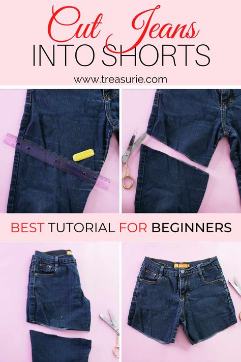 Diy Denim Cutoff Shorts, Making Denim Shorts From Jeans, Making Jeans Into Shorts, Diy Cutoff Jean Shorts, Jeans To Shorts Diy Tutorials, Diy Levi Shorts, How To Cut Denim Shorts, Diy Daisy Duke Shorts, Turn Pants Into Shorts