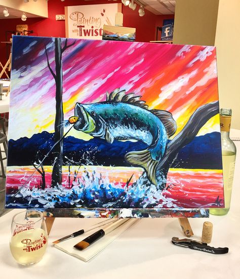 It's all about that bass this #FathersDay. Have you made your plans yet? paintingwithatwist.com/locations/ Bass Fish Painting, Hunters Journal, Fish Painting Acrylic, Acrylic Beginner, Fishing Painting, Art Frog, Acrylic Painting Inspiration, Fish Artwork, All About That Bass