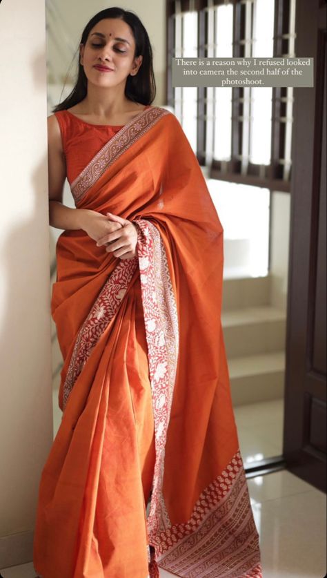 Kusha Kapila Saree, Madhulika Kapilavayi, Bollywood Style Kalamkari Print Pre-draped Saree, Luxury Pre-draped Kalamkari Saree For Puja, Luxury Traditional Kalamkari Pre-draped Saree, Luxury Kalamkari Pre-draped Saree For Puja, Fashionable Saree, Saree Blouse Styles, Orange Saree