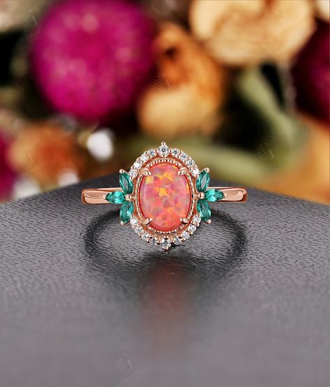 Guess your favorite Ring：https://www.etsy.com/listing/699139357 https://www.etsy.com/listing/938521537 ★ Settings ☆ Metal: 14K / 18K Solid Gold  ☆ Gold Color: Rose / White / Yellow ★ Main Stone ☆ Type: Lab Opal ☆ Shape: Oval Cut ☆ Size: 8*6 mm ★ Side Stones ☆ Type: Moissanite ☆ Total Carat Weight: approx 0.098 ct ☆ Shape: Round ☆ Color: DEF ☆ Clarity: VVS-VS ☆ Type: Lab Emerald ☆ Total Carat Weight: approx 0.162 ct ☆ Shape: Marquise ▷ Weight of gold: about 3.33 g ▷ Band width: 1.8 mm ▷ Band Thic Black Opal Engagement Ring Set, Unique Gemstone Engagement Rings, Engagement Ring Opal, Opal Wedding Ring, Boho Jewels, Cute Engagement Rings, Ring Marquise, Engagement Ring Rose Gold, Cluster Engagement Ring