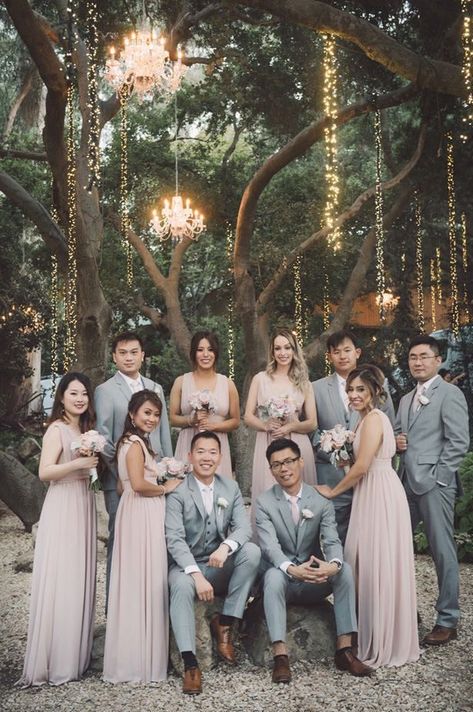 Blush Outdoor Wedding, Blush Wedding Party, Outside Wedding Ceremonies, Blush And Grey Wedding, Rustic Romance Wedding, Pink Grey Wedding, Wooden Altar, Wedding Groomsmen Attire, Romantic Wedding Receptions