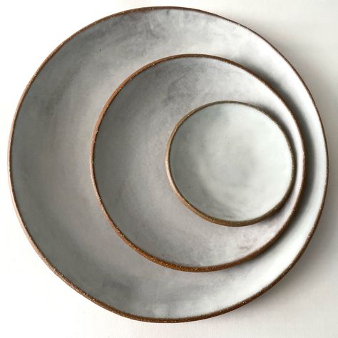 "These \"white wash\" made-to-order hand-built stoneware pottery plates are perfect for everyday use or for fine dining. They are custom made just for you!  Durable and chip resistant, these plates can go into the dishwasher and microwave.  This  plate set includes one 10\"  ceramic dinner plate, one 7\" salad and dessert plate, and one 4.25\" appetizer-tapas plate. Mix and match with other available colors and pair them with my other made to order tableware to create your own unique set: https: Gorgeous Tablescapes, Lucie Rie, Rustic Dinnerware, Ceramic Cutlery, Pottery Plate, Hand Built Pottery, Ceramic Dinnerware, Ceramic Gifts, Stoneware Ceramics