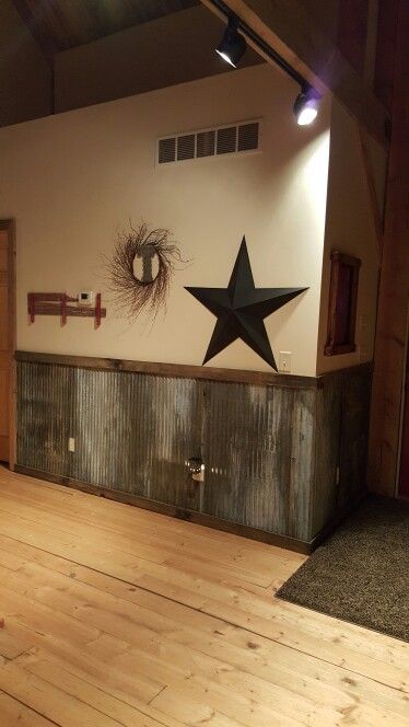 Rustic tin living  room wall Tin Walls Rustic Kitchen, Tin Walls Rustic, Tin And Wood Walls, Barn Tin Wall, Tin Interior, Barn Tin, Farmhouse Interior Design, House Layout Plans, Party Room