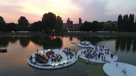 Floating islands, inspired by the lotus plant, have become a performance space on a lake in Italy. Waterfront Architecture, Water Architecture, Floating Architecture, Floating Platform, Floating Island, Italian Lakes, Landscape Elements, Walk On Water, Floating House