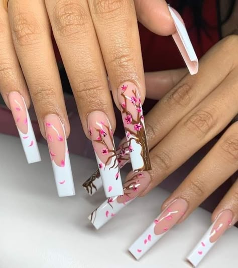 Unique Pink Acrylic Nails, Sakura Nails Acrylic, Sakura Nails, Easy Nail Art Tutorial, Nails Art Simple, Nail Art 2022, Blossom Nails, Design Nails Art, Nail Art Aesthetic