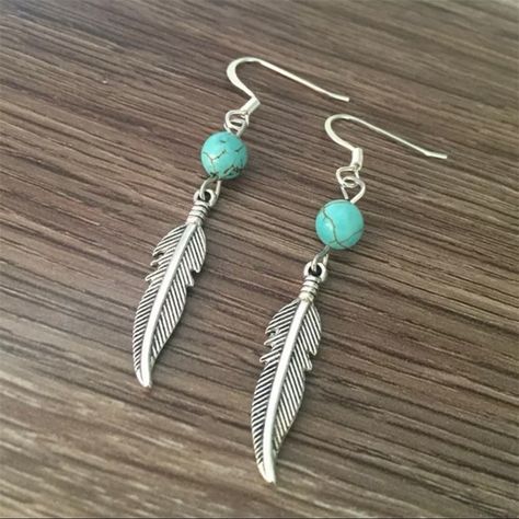 Beautiful Handmade Natural Turquoise & Feather Dangle Earrings. Material: Alloy, Turquoise Check Out My Shop For Unique Jewelry, Crystals And Other Collectibles! Bundle Multiple Listings To Save On Shipping. <3 Boho, Bohemian, Earrings, Dangle Earrings, Indian, Southwestern, Tribal, Western, Feather, Turquoise, Handmade, Unique Indian Beaded Jewelry, Handmade Earrings Diy, Feather Earrings Diy, Diy Earrings Dangle, Turquoise Feather Earrings, Earrings Diy Handmade, Turquoise Bead Earrings, Feather Earrings Silver, Boho Chic Earrings