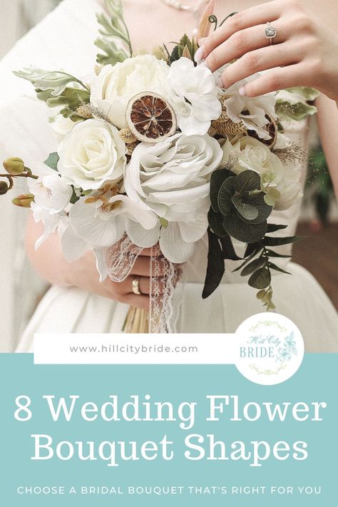 Popular Wedding Flower Bouquet Shapes #weddingflowers #bridalbouquet #weddingbouquet #bouquetshapes #flowers #weddings #floraldesign 1950s Wedding Flowers, Bouquet Shapes Guide, Types Of Bouquets Shapes, Types Of Bouquets, Bouquet Shapes, Cascading Wedding Bouquets, Round Bouquet, 1950s Wedding, City Bride