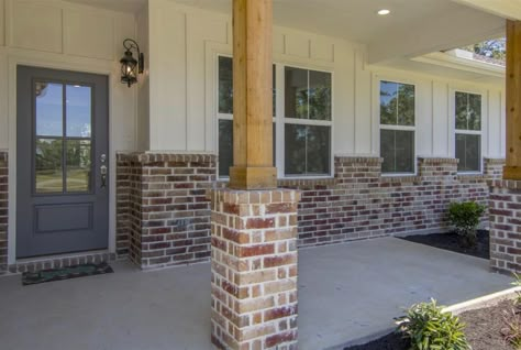 Creamy by Sherwin Williams with Summerfield by Commercial Brick. Brick Columns Porch Farmhouse, Columns With Brick Base, Half Brick Wall Exterior House, Brick Half Wall Exterior, Brick Half Wall Exterior Patio Ideas, Brick Skirting House, Brick Wainscoting Exterior, Brick Pillars Porch, Brick Columns Porch