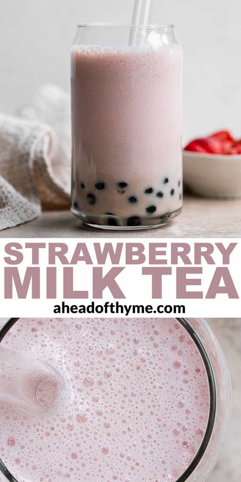 Strawberry Milk Tea Fruit Bubble Tea Recipe, Bubble Tea Strawberry, Strawberry Boba Tea, Homemade Bubble Tea, Strawberry Bubble Tea, Milk Tea With Boba, Strawberry Milk Tea, Strawberry Boba, Boba Tea Recipe