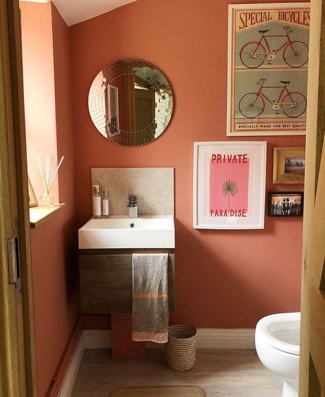 Lick on Instagram: “'Our cold & plain downstairs toilet transformed into a terracotta dream, so cosy & warm it almost transports you somewhere sunny when…” Terracotta Bathroom Walls Paint Colors, Downstairs Toilet Colour Ideas, Terracotta Wall Color Bathroom, Bathroom Terracotta Walls, Dark Pink Bathroom Ideas, Terracotta Walls Bathroom, Salmon Bathroom Walls, Terracotta Bathroom Paint, Pink And Terracotta Bathroom