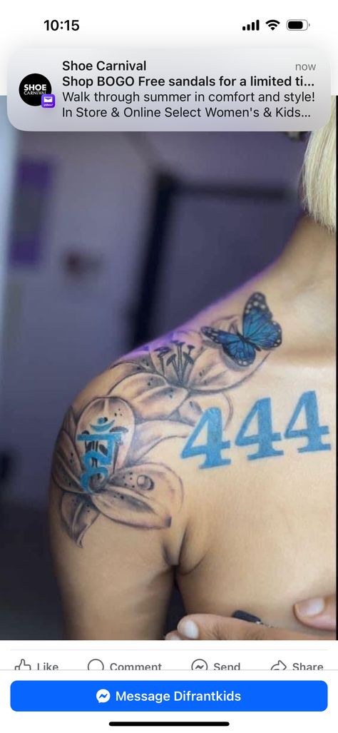 Female Tats, Blue Ink Tattoo, Piercing Designs, Cute Shoulder Tattoos, Blue Ink Tattoos, Baddie Tattoos, Tatts Ideas, Blue Butterfly Tattoo, Chinese Symbol Tattoos