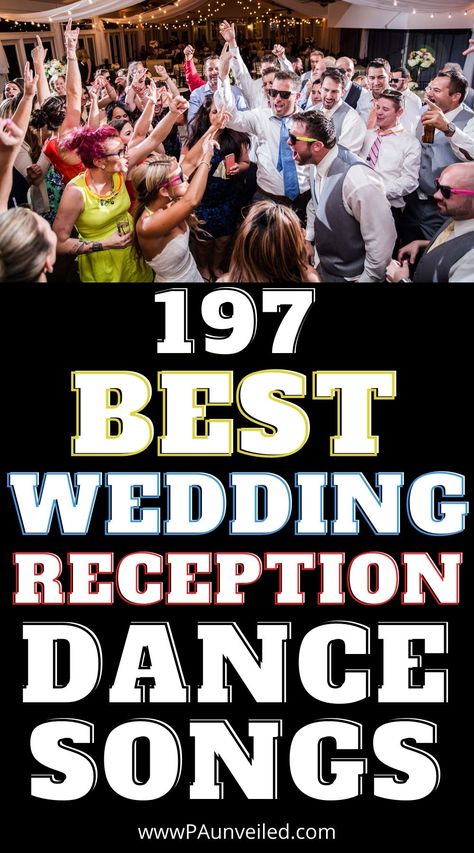 A pin that shows a big wedding reception party. It has many people dancing together to the best wedding reception music. Wedding Dance Playlist Fun, Prom Playlist 2024, Best Wedding Playlist For Dancing, Wedding Song Playlist 2022, Country Music Wedding Playlist, Wedding Songs For Reception, Dance Songs For Wedding Reception, Party Songs Playlists Dance, Songs To Get People Dancing At Wedding