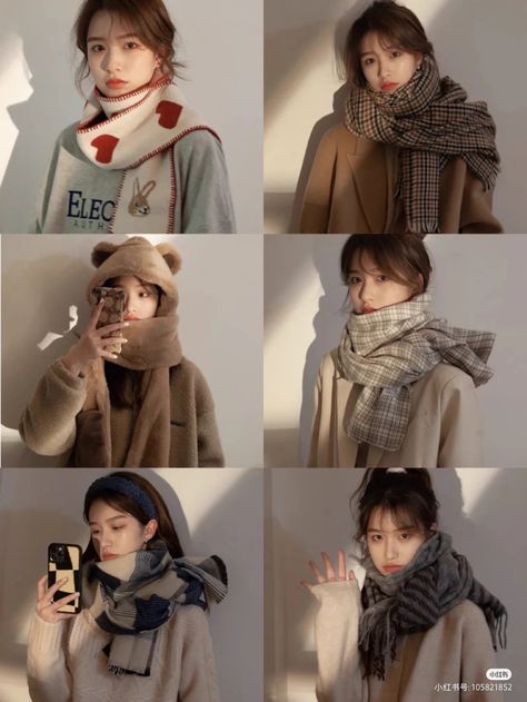 Korean Scarf Outfit, Muffler Outfit, White Scarf Outfit, Korean Scarf, Outfits With Scarf, Winter Outfits Korean, Scarf Outfit Winter, Scarf Aesthetic, Korean Winter Outfits