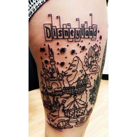 Disney Parks Tattoo Ideas, Disney Filler Tattoo, Disney Monorail Tattoo, Disneyland Tattoo Sleeve, Disneyland Sign Tattoo, Disneyworld Castle Tattoo, Disneyland Tattoo, Disneyland Castle Tattoo, Tattoo Duo