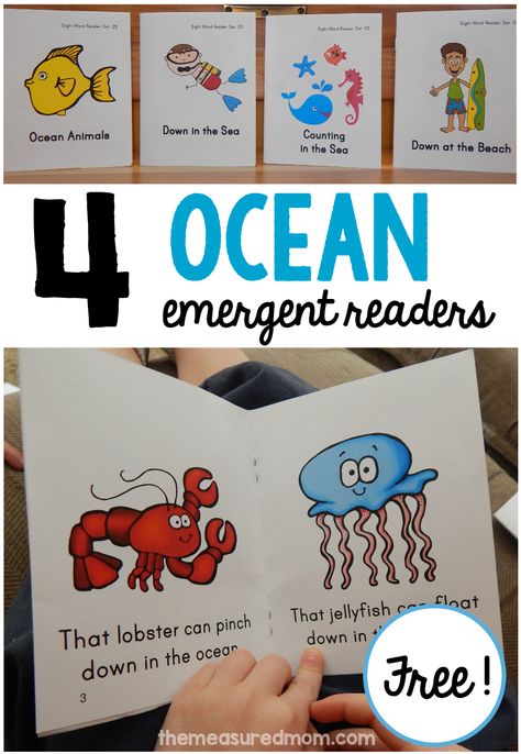 Get these free ocean emergent readers for your beginning reader... they're great to use alongside an ocean animals unit! Ocean Lessons, Ocean Kindergarten, Animals In The Ocean, Ocean Ideas, Ocean Theme Preschool, The Measured Mom, Measured Mom, Ocean Theme Classroom, Sight Word Books