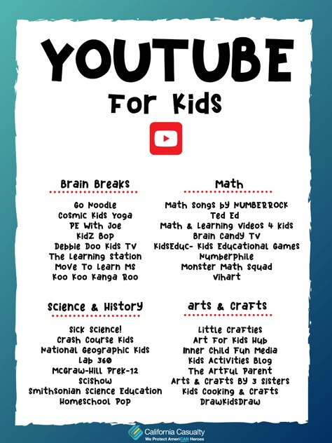 YouTube Guide for Kids | California Casualty Uppfostra Barn, Learning Websites For Kids, Educational Websites For Kids, Parenting Knowledge, Homeschool Learning, Learning Websites, Kids Learning Activities, Toddler Learning Activities, Preschool Learning Activities