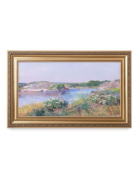 PRICES MAY VARY. Print enclosed in an intricately patterned Golden-relief frame to enhance the look of the artwork. Picture Size: 30x16", Total Size w/ Frame: 36x22", Each panel is ready to hang. A classic New English Landscape in pleasant spring colors. Located off the coast of Maine and New Hampshire, Appledore Island attracted numerous artists and writers during the late 19th century. Created after three years working in Europe, this painting reflects Childe Hassam's burgeoning interest in th English Country Wall Art, New England Wall Art, Wall Art Gold Frame, Art For Over Bed, Childe Hassam Paintings, Thrift Wishlist, Room Wishlist, English Landscape, Home Artwork