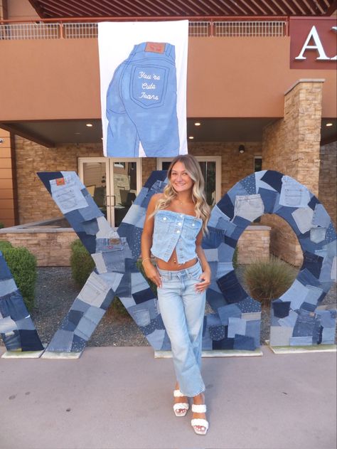 Jeans Sorority Theme, Jean Sorority Theme, Alpha Chi Omega Bid Day Themes, Denim Sorority Theme, Denim Bid Day, Sorority Recruitment Banners, Axo Philanthropy, Work Week Themes Sorority, Sorority Work Week