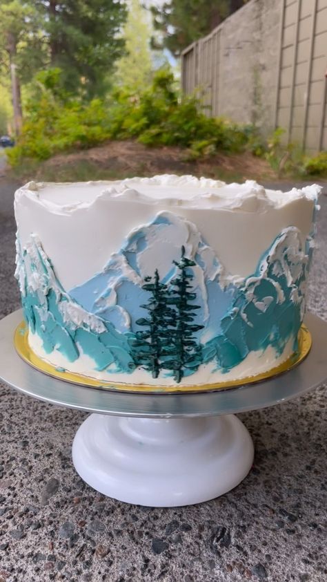 Alaska Themed Cake, Mountain Cake Ideas, Northern Lights Cake, Booze Cakes, Landscape Cake, Bike Cake, Deer Cake, Nature Cake, Wedding Bakery