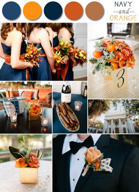 Fall wedding colors - Navy and Orange. It would be nice if the groom's tuxedo was navy blue. Orange And Blue Wedding, Grooms Tuxedo, Beulah Land, Fall Wedding Style, Autumn Romance, Fall Wedding Color Schemes, Wedding Color Scheme, Fall Wedding Color Palette, Navy And Orange