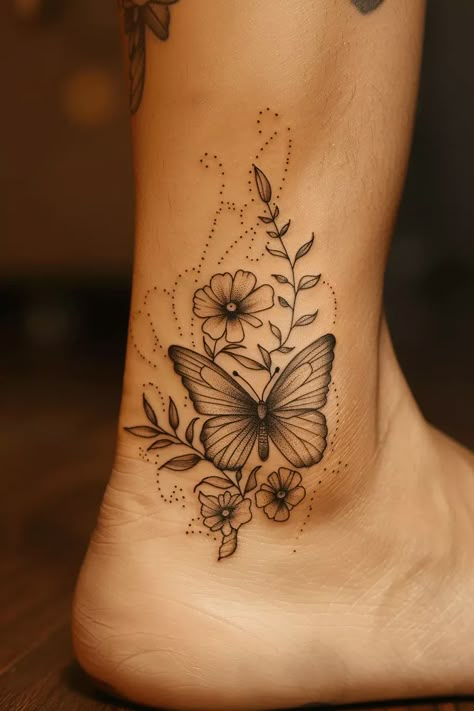 Beautiful Fineline Butterfly Tattoo Ideas for a Graceful Look Floral Wrap Around Tattoo With Butterflies, Half Floral Half Butterfly Tattoo, Fine Line Flower And Butterfly Tattoo, Butterfly And Flower Ankle Tattoo, Butterfly Ankle Tattoo, Wildflower With Butterfly Tattoo, Butterfly Ankle Tattoos, Wildflower Tattoo, Beautiful Art Pictures